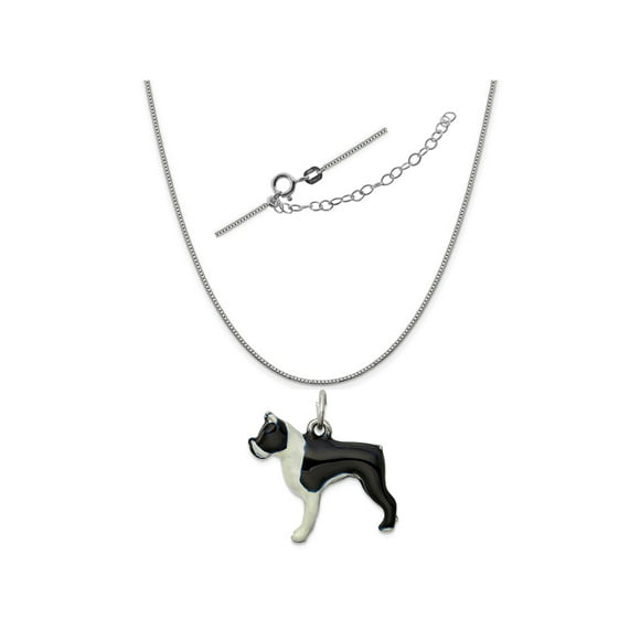 Sterling Silver Womens 1mm Box Chain 3D Small Boston Terrier Ears Up Dog Breed Pendant Necklace 
